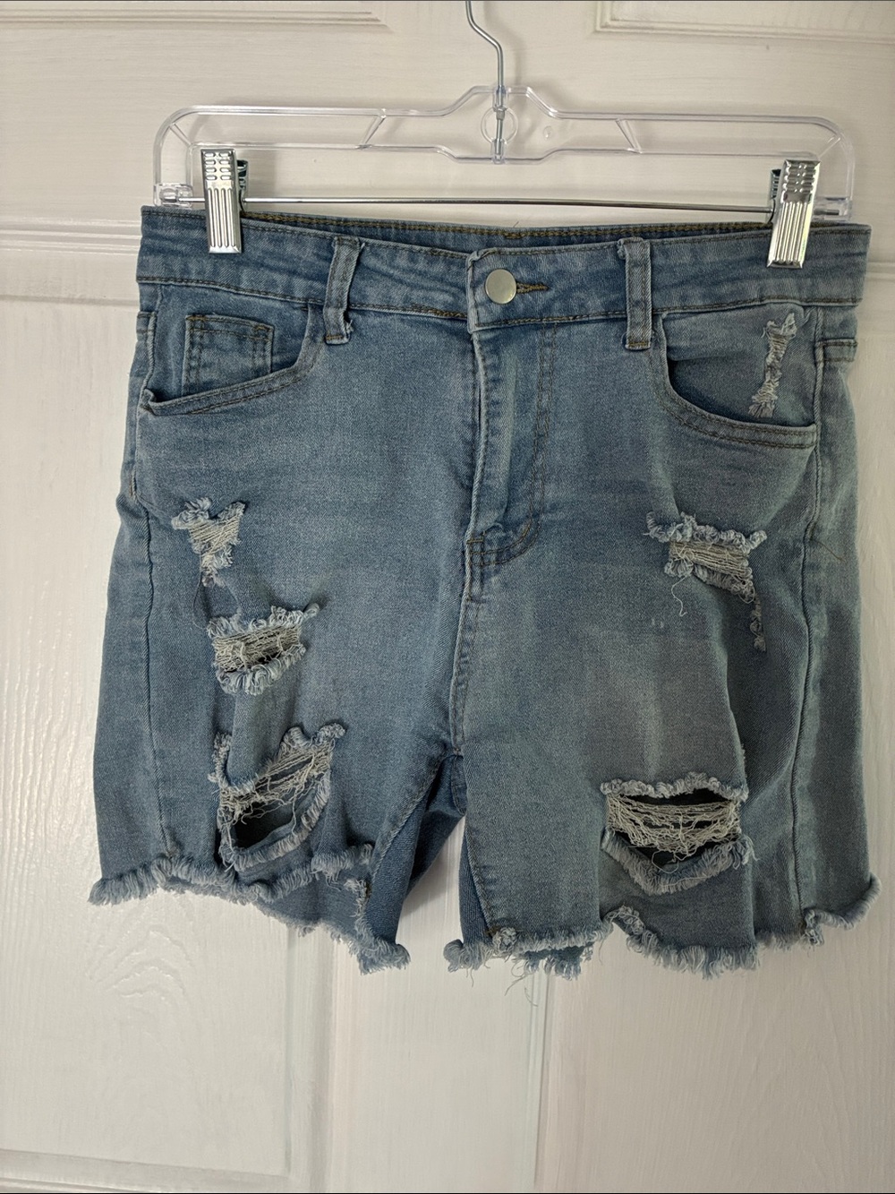 Size 7/8 Distressed Stretch High-Rise Denim Shorts - Light Blue
